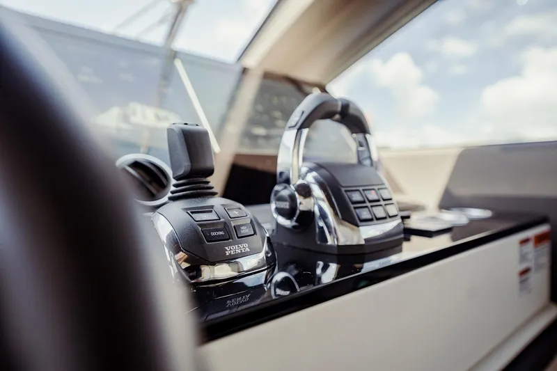 Transcendence Yacht Photos Pics Control panel of 2020 Azimut 78 Flybridge yacht with Volvo Penta controls.