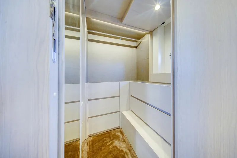 Transcendence Yacht Photos Pics Interior of 2020 Azimut 78 Flybridge yacht, featuring sleek, modern design and ample storage.