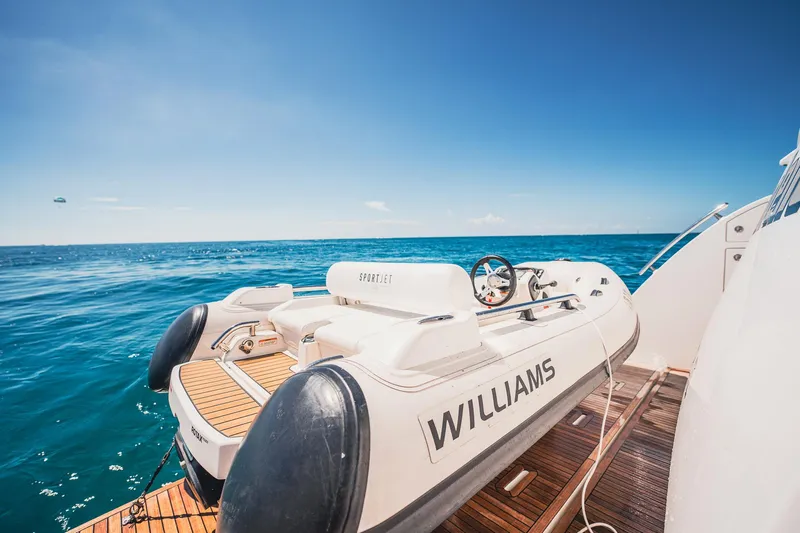 Transcendence Yacht Photos Pics Luxury Azimut 78 Flybridge yacht with Williams Sportjet tender on deck, 2020 model.