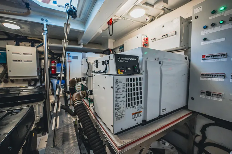 Transcendence Yacht Photos Pics Engine room of 2020 Azimut 78 Flybridge yacht with Cummins Onan generator.