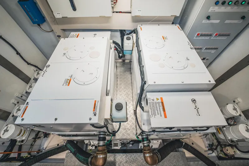 Transcendence Yacht Photos Pics Engine room of 2020 Azimut 78 Flybridge yacht with advanced machinery and control panels.