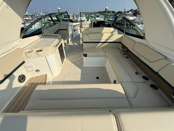  Yacht Photos Pics 2024 Formula 350 Crossover Bowrider interior with luxurious seating and modern amenities.