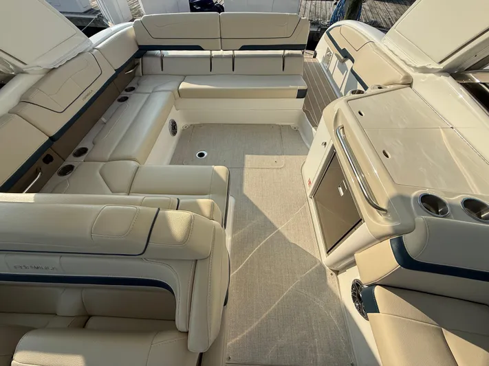  Yacht Photos Pics 2024 Formula 350 Crossover Bowrider interior with luxurious seating and modern amenities.