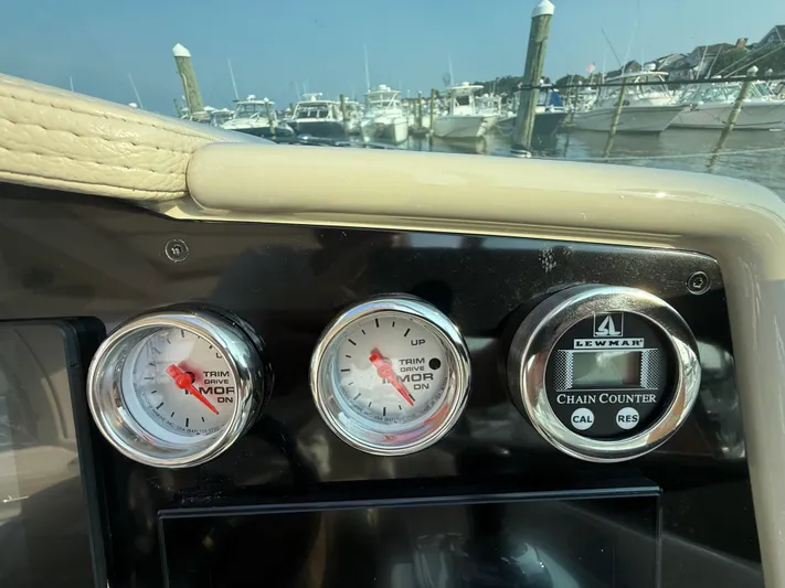  Yacht Photos Pics Dashboard of 2024 Formula 350 Crossover Bowrider with gauges and chain counter.