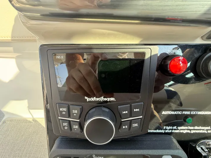  Yacht Photos Pics 2024 Formula 350 Crossover Bowrider dashboard with Rockford Fosgate audio controls.