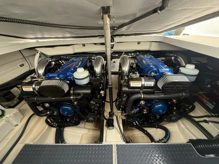  Yacht Photos Pics 2024 Formula 350 Crossover Bowrider engine compartment with dual high-performance engines.