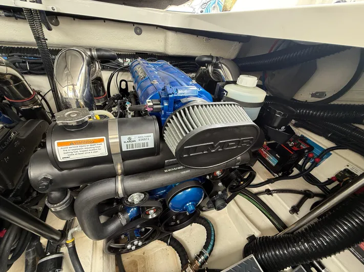  Yacht Photos Pics 2024 Formula 350 Crossover Bowrider engine compartment with Ilmor engine components.