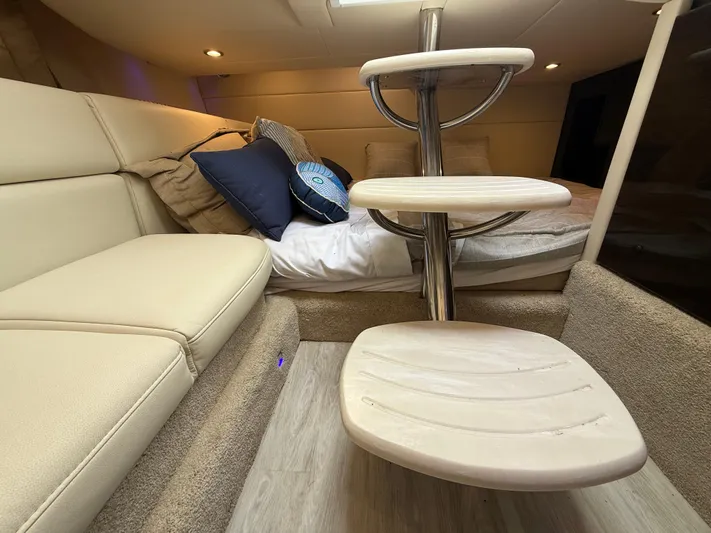  Yacht Photos Pics 2024 Formula 350 Crossover Bowrider cabin with cozy seating and modern interior design.
