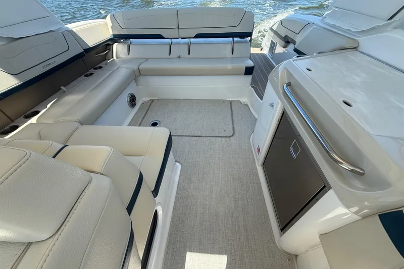  Yacht Photos Pics 2024 Formula 350 Crossover Bowrider interior with luxurious seating and modern amenities.