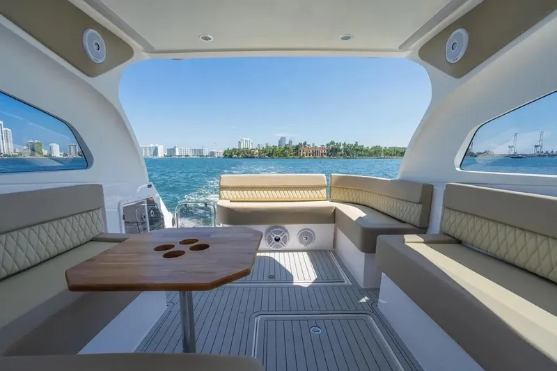  Yacht Photos Pics Luxurious interior of 2025 Hanover 375 yacht with scenic ocean view.