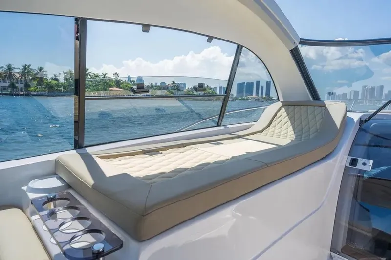  Yacht Photos Pics Luxurious interior of 2025 Hanover 375 yacht with waterfront city view.