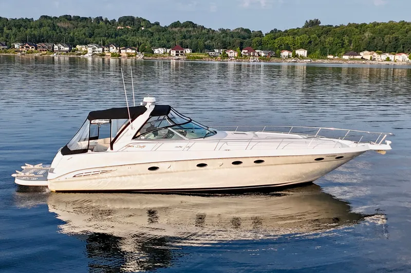 Empty Pockets Yacht Photos Pics 1999 Sea Ray 460 Sundancer yacht on calm water with scenic shoreline background.