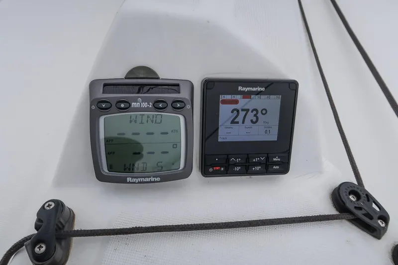 From Away Yacht Photos Pics Raymarine instruments on 2017 Jeanneau SunFast 3200 sailboat, displaying wind speed and direction.
