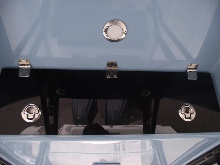  Yacht Photos Pics 2021 Cobia 301 Center Console boat deck with stainless steel fittings and storage compartments.