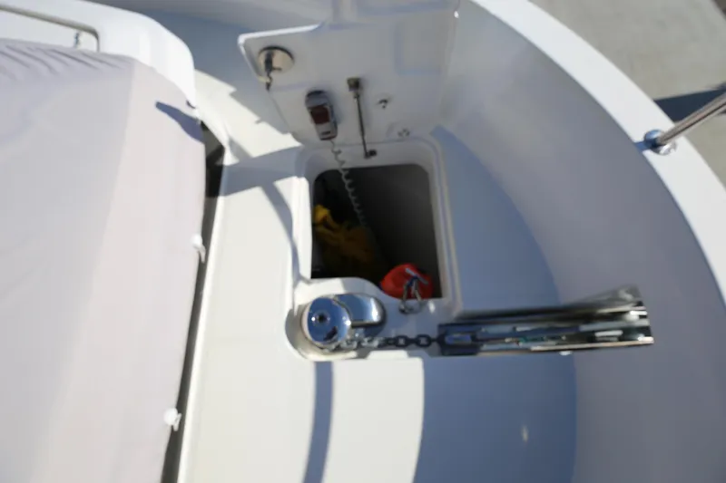  Yacht Photos Pics Anchor compartment of 2023 Greenline 45 Coupe yacht with chain and winch.