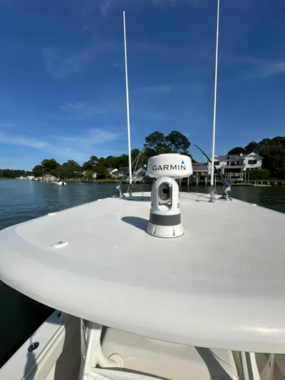  Yacht Photos Pics 2019 Jupiter 30 HFS boat with Garmin radar on calm water.