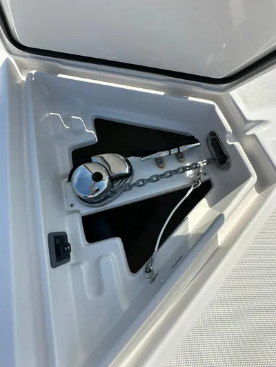  Yacht Photos Pics Anchor compartment of 2019 Jupiter 30 HFS boat with chain and winch.