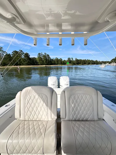  Yacht Photos Pics 2019 Jupiter 30 HFS boat with dual engines on a calm lake.