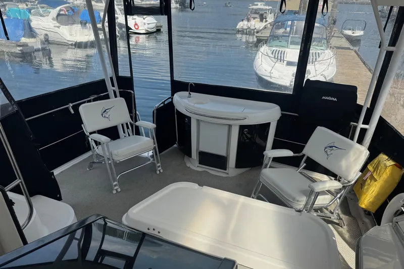 Lost Together Yacht Photos Pics 1996 Bayliner 4087 Aft Cabin Motoryacht interior with seating and water view.