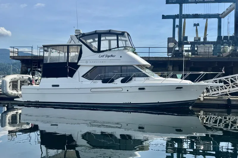 Lost Together Yacht Photos Pics 1996 Bayliner 4087 Aft Cabin Motoryacht docked at marina, reflecting on water.