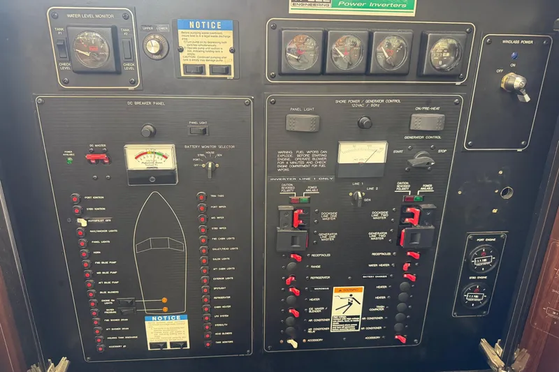 Lost Together Yacht Photos Pics Control panel of a 1996 Bayliner 4087 Aft Cabin Motoryacht with gauges and switches.