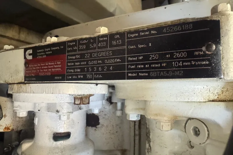 Lost Together Yacht Photos Pics Engine specifications plate on a 1996 Bayliner 4087 Aft Cabin Motoryacht.