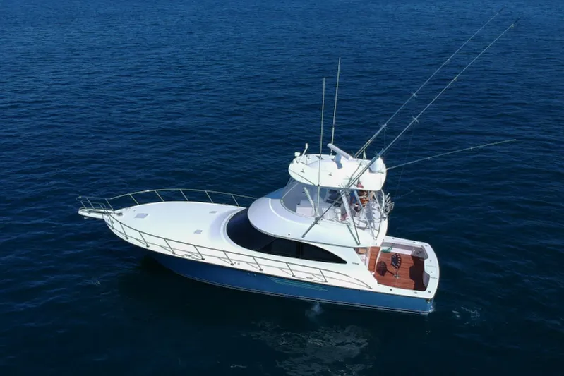 Andiamo Yacht Photos Pics 2017 Viking 48 Convertible yacht on open sea, aerial view.