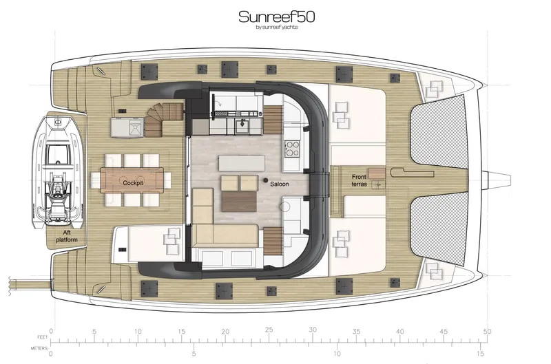 Dolphin Yacht Photos Pics Floor plan of a 2019 Sunreef 50 yacht, featuring cockpit, saloon, and front terrace.