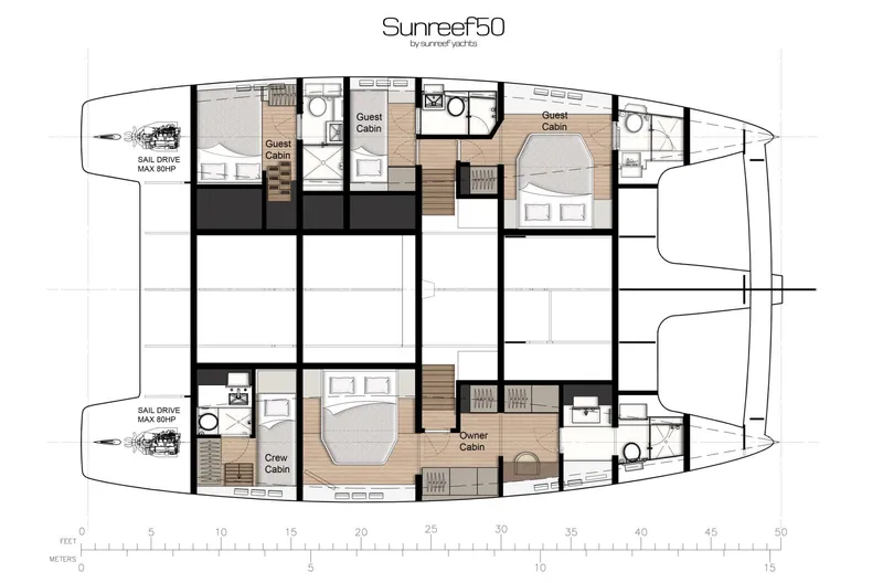 Dolphin Yacht Photos Pics Floor plan of 2019 Sunreef 50 catamaran, featuring guest and owner cabins.