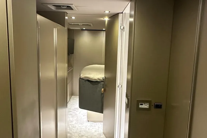 Dolphin Yacht Photos Pics Interior of 2019 Sunreef 50 yacht cabin with modern design and ambient lighting.