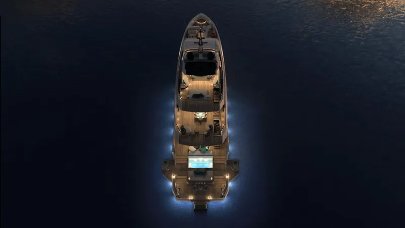  Yacht Photos Pics Top view of illuminated Admiral ATOS 47 yacht at night, 2026 model.