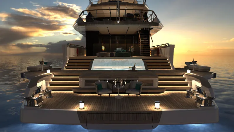  Yacht Photos Pics Luxury Admiral ATOS 47 yacht at sunset, featuring elegant deck and pool, 2026 model.