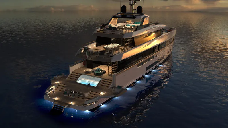  Yacht Photos Pics Luxury Admiral ATOS 47 yacht, 2026 model, illuminated at dusk on calm waters.