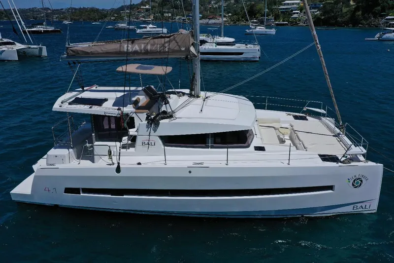 Viewfinder Yacht Photos Pics 2020 Bali 4.1 catamaran sailing on a serene blue sea.