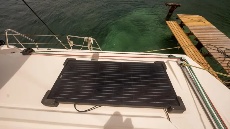 Viewfinder Yacht Photos Pics Solar panel on Bali 4.1 catamaran deck, docked by water, 2020 model.