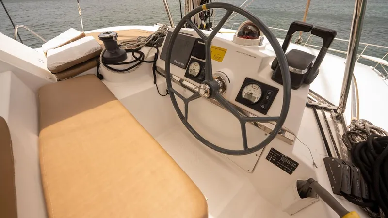 Viewfinder Yacht Photos Pics Steering wheel and controls of a 2020 Bali 4.1 catamaran yacht.