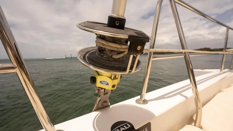 Viewfinder Yacht Photos Pics Sailing equipment on a 2020 Bali 4.1 catamaran, ocean view in the background.