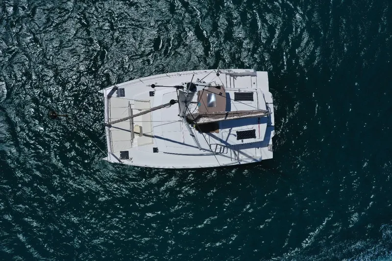 Viewfinder Yacht Photos Pics Aerial view of a 2020 Bali 4.1 catamaran sailing on the ocean.