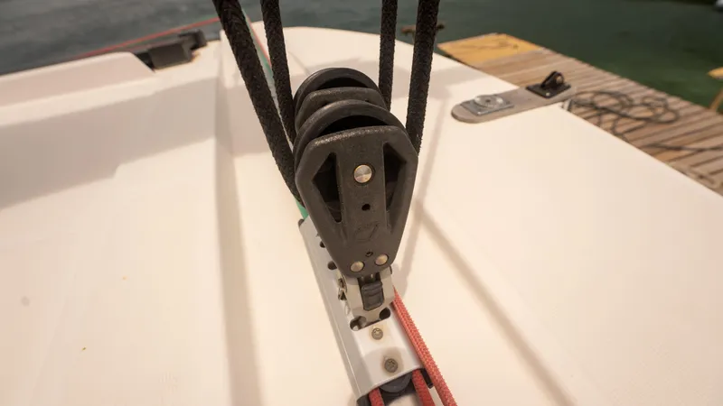 Viewfinder Yacht Photos Pics Close-up of a 2020 Bali 4.1 sailboat pulley system on deck.