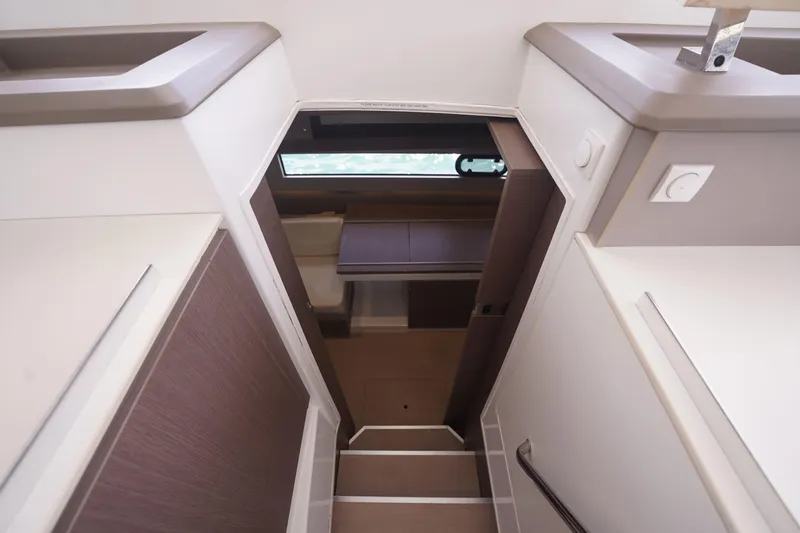 Viewfinder Yacht Photos Pics Interior view of 2020 Bali 4.1 yacht, featuring modern design and compact staircase.