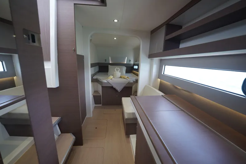 Viewfinder Yacht Photos Pics Luxurious interior of a 2020 Bali 4.1 yacht, featuring modern design and comfortable seating.