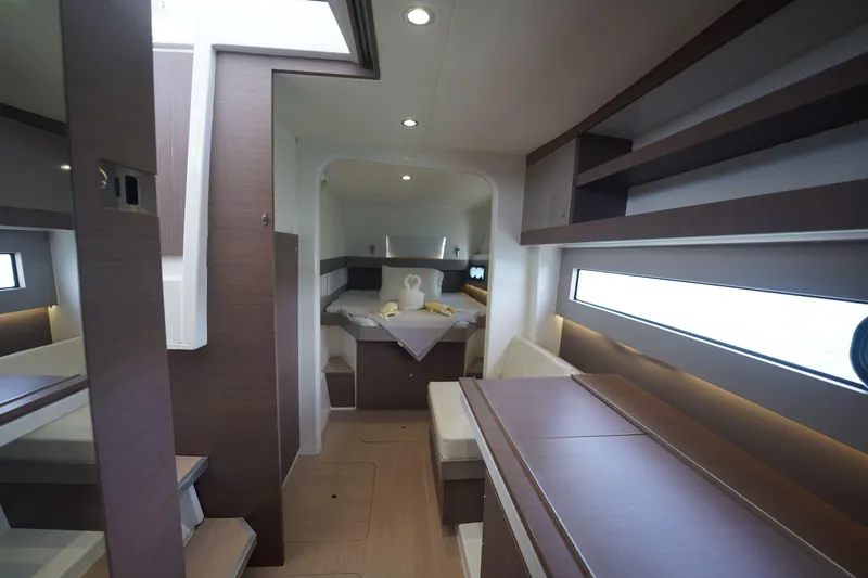Viewfinder Yacht Photos Pics Interior of a 2020 Bali 4.1 yacht, featuring modern design and cozy sleeping area.