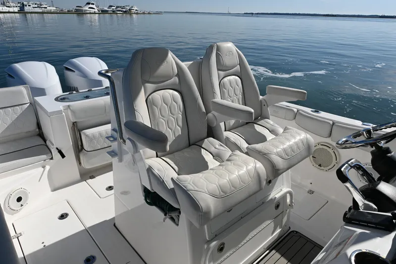  Yacht Photos Pics 2020 Sea Fox 288 Commander boat interior with luxurious seating and dual engines.