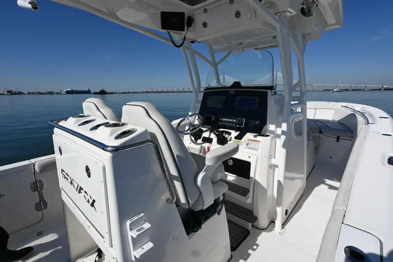  Yacht Photos Pics 2020 Sea Fox 288 Commander boat interior with helm, seats, and ocean view.