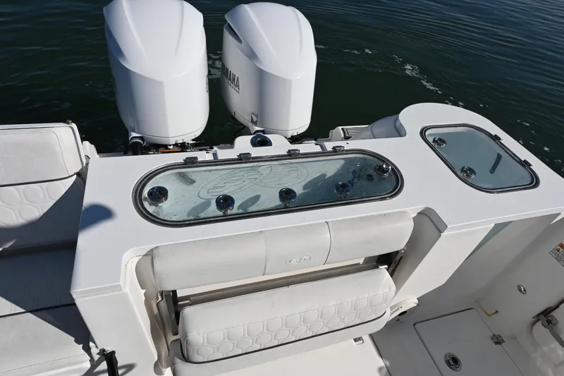  Yacht Photos Pics 2020 Sea Fox 288 Commander boat with dual Yamaha engines and sleek seating.
