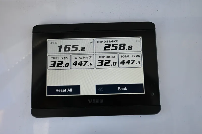 Yacht Photos Pics Yamaha display showing fuel usage and trip data for 2020 Sea Fox 288 Commander.