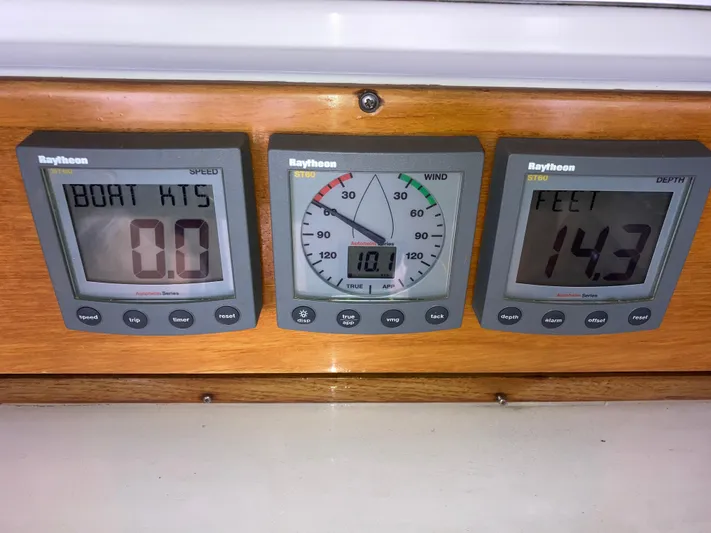 Maloose Yacht Photos Pics Boat instrument panel showing speed, wind, and depth readings on a Malo 43, 2001 model.