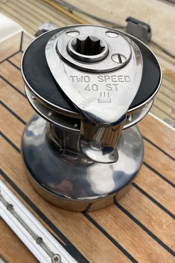 Maloose Yacht Photos Pics Two-speed winch on Malo 43 yacht, 2001 model, mounted on wooden deck.