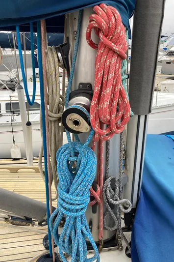 Maloose Yacht Photos Pics Sailboat rigging with colorful ropes on a Malo 43, 2001 model.