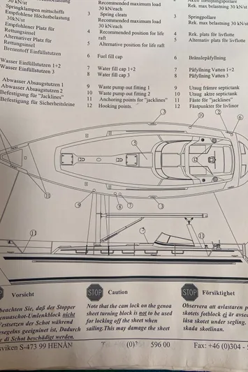 Maloose Yacht Photos Pics Blueprint of Malo 43 sailboat, 2001 model, with labeled parts and safety instructions.